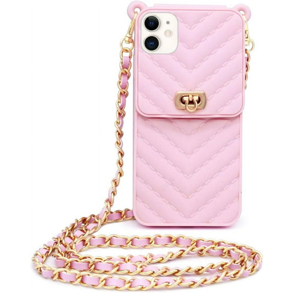 Fusicase for iPhone 11 Wallet Case with Neck Strap Crossbody Strap Lanyard Handbag Wrist Strap Protective Cover Credit Card Holder Slot Purse for Girls Women Silicone Case for iPhone 11 Pink