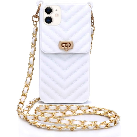 Fusicase for iPhone 11 Wallet Case with Neck Strap Crossbody Strap Lanyard Handbag Wrist Strap Protective Cover Credit Card Holder Slot Purse for Girls Women Silicone Case for iPhone 11 White