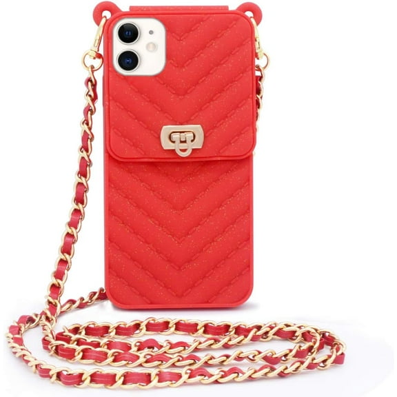 Fusicase for iPhone 11 Wallet Case with Neck Strap Crossbody Strap Lanyard Handbag Wrist Strap Protective Cover Credit Card Holder Slot Purse for Girls Women Silicone Case for iPhone 11 Red