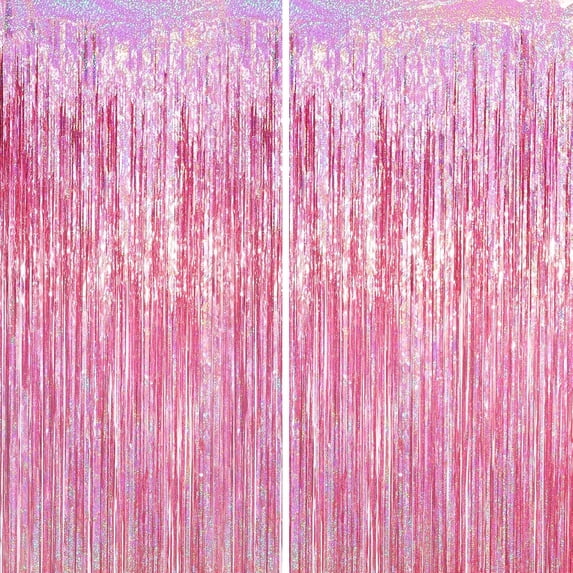 Fusion 2 Pack Laser Pink Tinsel Foil Fringe Curtains, Mothers Day Pink Decorations, Metallic Tinsel Party Streamers Backdrop for Birthday Bachelorette Graduation Wedding Party Decorations