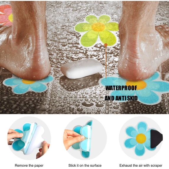 Fusion 20 PCS Original Non Slip Bathtub Stickers, Shower Floor Non Slip Stickers Bright Flowers Appliques with Premium Scraper