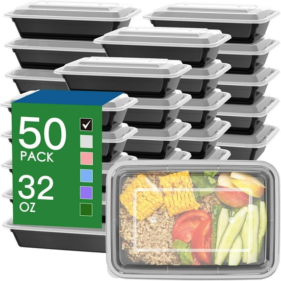 Fusion 50 Pack (100-Piece) 32 oz Meal Prep Containers Reusable with Easy Open Lids, Sturdy Leakproof Food Safe, Microwave Freezer Dishwasher Safe, To Go Take Out Plastic Food Storage Pans with Lids