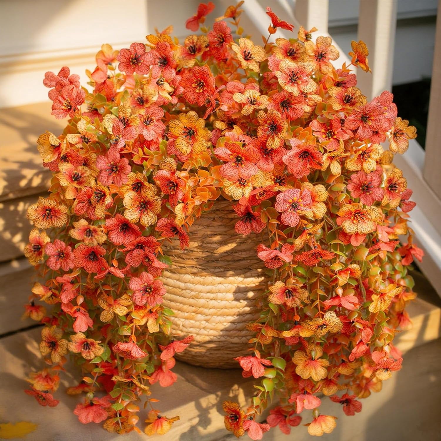 Fusion Artificial Mums for Outdoors Decoration Fall Fake Flowers for Outside Decor, 2Pcs Silk Daisy with Eucalyptus UV Resistant Realistic Vines for Front Door Yard Patio Porch Planter Home