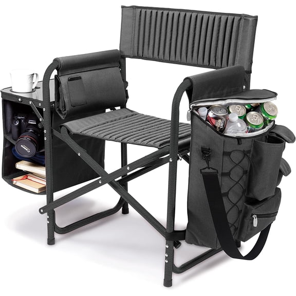 Fusion Camping Chair with Side Table and Soft Cooler, Outdoor Foldable Padded Chairs Cup Holder for Lawn, Beach, & Sports Use Adults, (Dark Gray Black Accents)