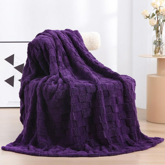 Fusion Deep Purple Fleece Throw Blanket 50”×60” for Couch Sofa Bed,Super Soft Cozy Plush Microfiber Flannel Blanket with 3D Checkered Design Lightweight for Adults,Woman,Girls