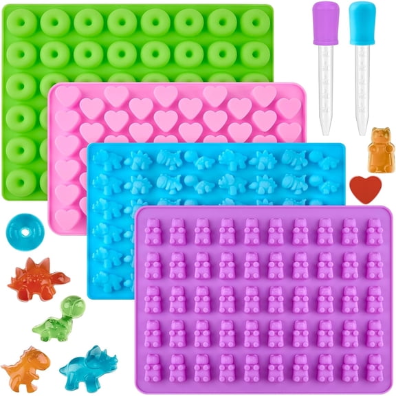 Fusion  Gummy Bear Candy Molds Silicone, Set of 4 Gummy Molds with 2 Droppers, Non-Stick Silicone Gummies Molds Including Mini Dinosaur, Bear Shape, Hearts and Mini Donut
