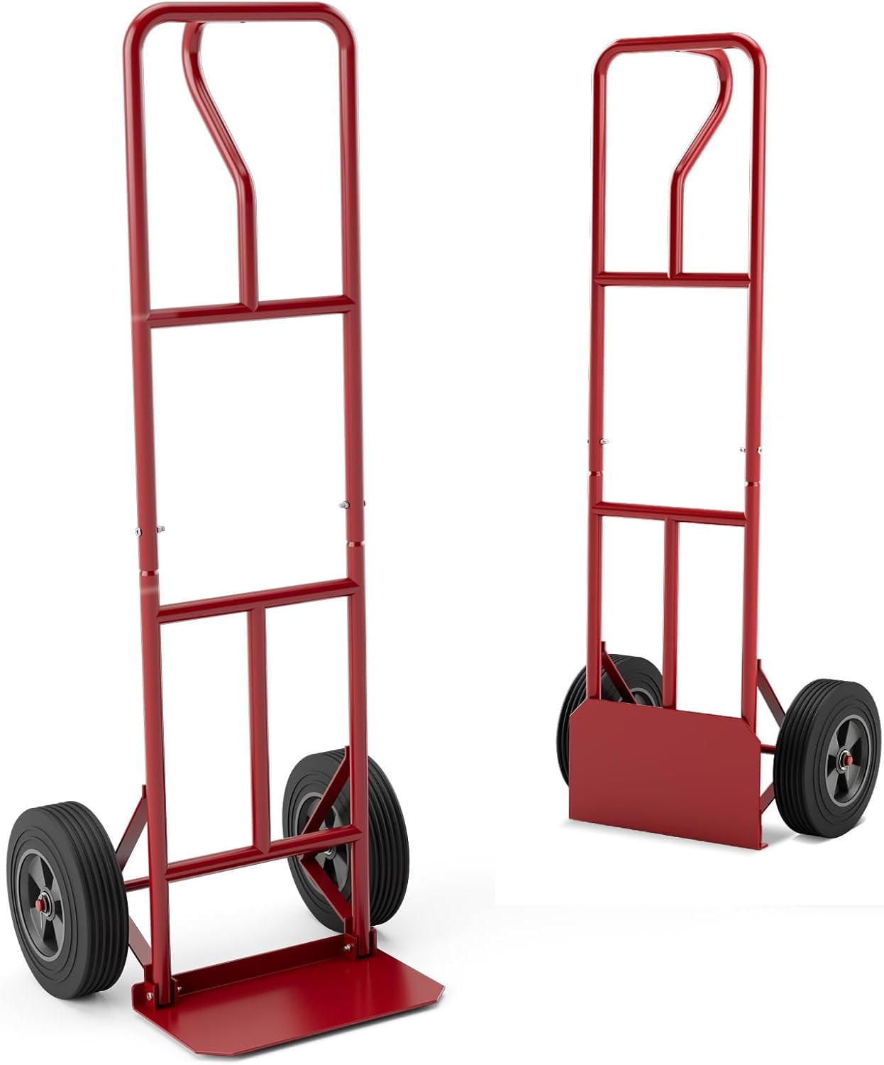 Fusion Hand Truck, P-Handle Hand Truck Dolly w/Vertical Loop Handle, 10” Rubber Wheels, 15”x8” Foldable Nose Plate, 660LBS Capacity, Heavy Duty Metal Dolly Cart for Lifting, Stairs (Red)