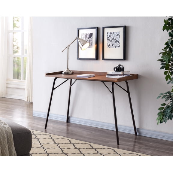 Fusion Home Office Writing Computer Desk, Walnut Wood & Bronze Metal