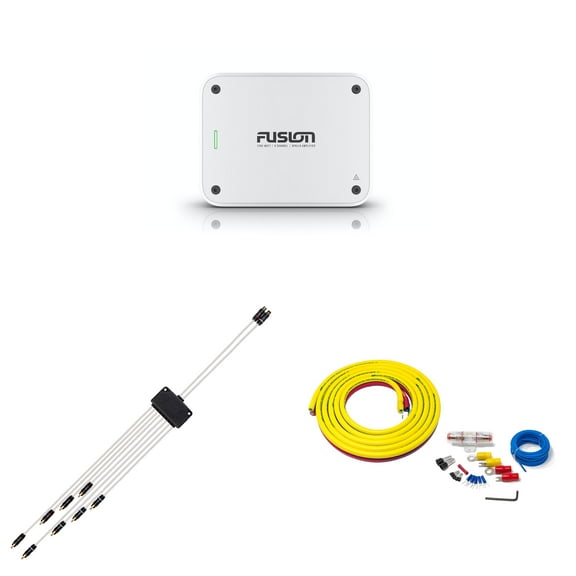 Fusion MS-AP41200 150w per channel RMS @4ohm Apollo 4 Channel Marine Amplifier with Fusion RCA Cable Dual Female To 8-way Male Splitter and 3 Meter 4GA Marine Wiring Kit
