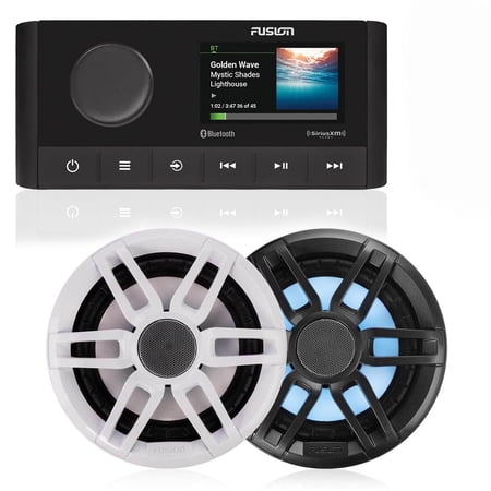 Fusion MS-RA210 Marine AM/FM/BT/NEMA2000/Sirius XM Ready Stereo with 1 Pair Fusion XS-FL65SPGW XS Series 6.5" Coax, RGB LED, Sports Grey & White Grille