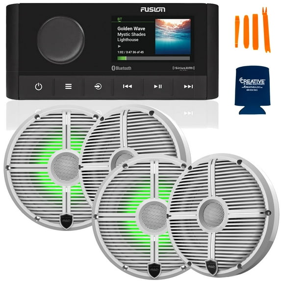 Fusion MS-RA210 Marine AM/FM/BT/NEMA2000/Sirius XM Ready Stereo with 2 Pair Wet Sounds RECON 6-XWW RGB High Output 6.5" RGB Lighting Marine Coaxial Speakers,