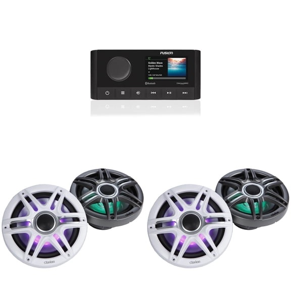 Fusion MS-RA210 Source Unit w/ (2 Pair ) Clarion CMSP-771RGB-SWG Premium 7.7-inch Coaxial Marine Speakers with built-in RGB illumination ( Includes White & Gray Sport Grilles )