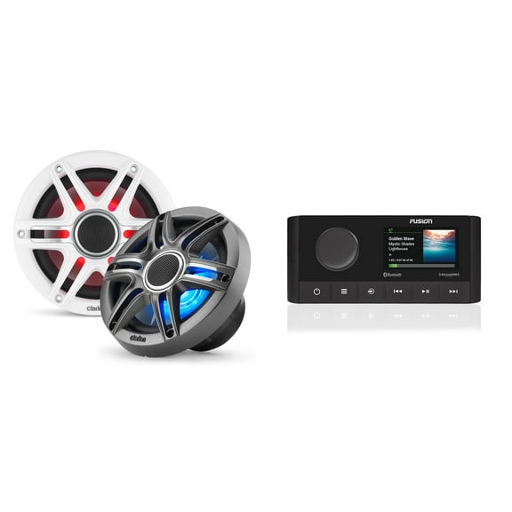 Fusion MS-RA210 Source Unit w/ Clarion CMSP-651RGB-SWG Premium 6.5-inch Coaxial Marine Speakers with built-in RGB illumination ( Includes White & Gray Sport Grilles )