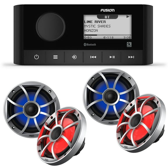 Fusion MS-RA60 Marine Stereo With 2 Pairs of Wet Sounds OE-65ic-S-RGB 6.5" Silver Grill Marine Speakers with RGB Lighting