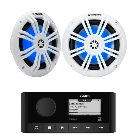 FUSION MS-RA60 Marine Stereo with Wireless Connectivity and 49KM604WL KM 6.5in Blue Lighted LED Marine Coaxial Speakers