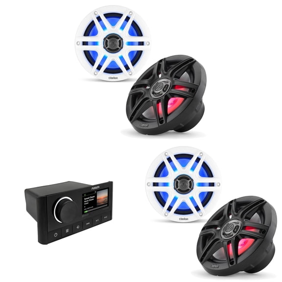 Fusion MS-RA670 Apollo Source Unit w/ ( 2 Pair ) Clarion CMS-651RGB-SWB 6.5-inch Coaxial Marine Speakers with built-in RGB illumination ( Includes White & Black Sport Grilles )