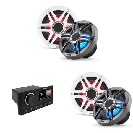 Fusion MS-RA670 Apollo Source Unit w/ ( 2 Pair ) Clarion CMSP-651RGB-SWG Premium 6.5-inch Coaxial Marine Speakers with built-in RGB illumination ( Includes White & Gray Sport Grilles )