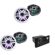 Fusion MS-RA670 Apollo Source Unit w/  2 Pair  Clarion CMSP-771RGB-SWG Premium 7.7-inch Coaxial Marine Speakers with built-in RGB illumination  Includes White & Gray Sport Grilles