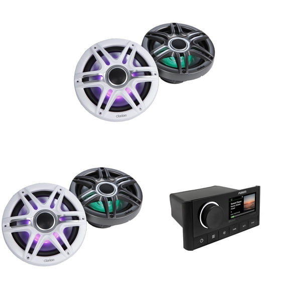Fusion MS-RA670 Apollo Source Unit w/ ( 2 Pair ) Clarion CMSP-771RGB-SWG Premium 7.7-inch Coaxial Marine Speakers with built-in RGB illumination ( Includes White & Gray Sport Grilles )
