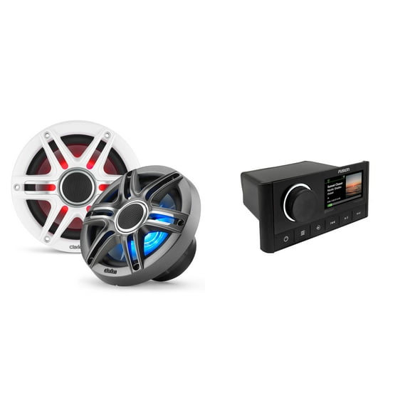 Fusion MS-RA670 Apollo Source Unit w/ Clarion CMSP-651RGB-SWG Premium 6.5-inch Coaxial Marine Speakers with built-in RGB illumination ( Includes White & Gray Sport Grilles )