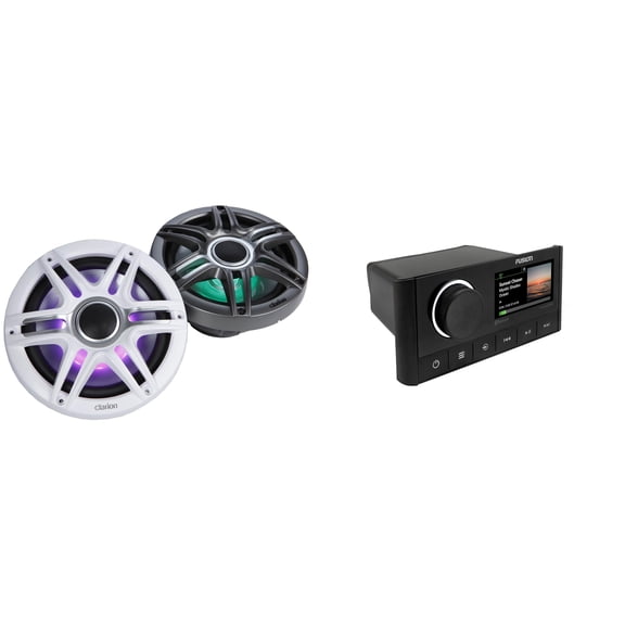 Fusion MS-RA670 Apollo Source Unit w/ Clarion CMSP-771RGB-SWG Premium 7.7-inch Coaxial Marine Speakers with built-in RGB illumination ( Includes White & Gray Sport Grilles )