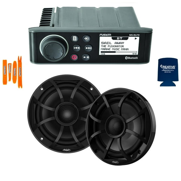 Fusion MS-RA70 Marine AM/FM/BT Stereo with 1 Pair Wet Sounds RECON 6-BG High Output 6.5" Marine Coaxial Speakers, Black Grill