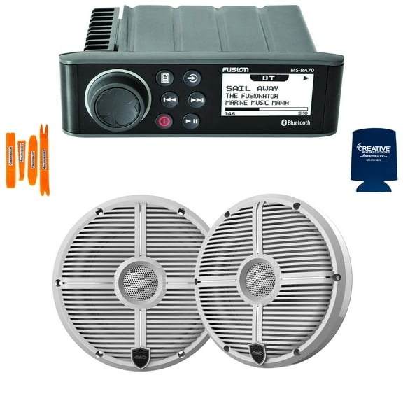 Fusion MS-RA70 Marine AM/FM/BT Stereo with 1 Pair Wet Sounds RECON 6-XWW RGB High Output 6.5" RGB Lighting Marine Coaxial Speakers, White Grill
