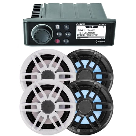 Fusion MS-RA70 Marine AM/FM/BT Stereo with 2 Pair Fusion XS-FL65SPGW XS Series 6.5" Coax, RGB LED, Sports Grey & White Grille, 50W RMS