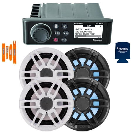Fusion MS-RA70 Marine AM/FM/BT Stereo with 2 Pair Fusion XS-FL65SPGW XS Series 6.5" Coax, RGB LED, Sports Grey & White Grille, 50W RMS