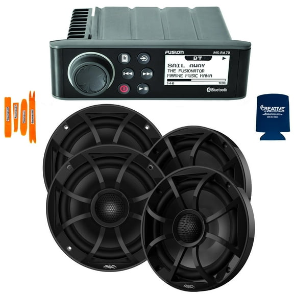 Fusion MS-RA70 Marine AM/FM/BT Stereo with 2 Pairs Wet Sounds RECON 6-BG High Output 6.5" Marine Coaxial Speakers, Black Grill