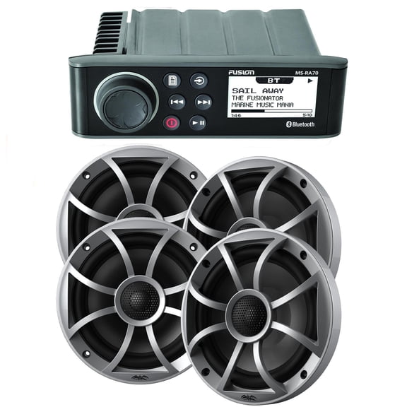 Fusion MS-RA70 Marine AM/FM/BT Stereo with 2 Pairs Wet Sounds RECON 6-S High Output 6.5" Marine Coaxial Speakers, Silver Grill