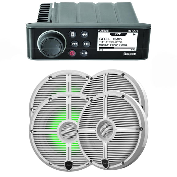 Fusion MS-RA70 Marine AM/FM/BT Stereo with 2 Pairs Wet Sounds RECON 6-XWW RGB High Output 6.5" RGB Lighting Marine Coaxial Speakers, White Grill