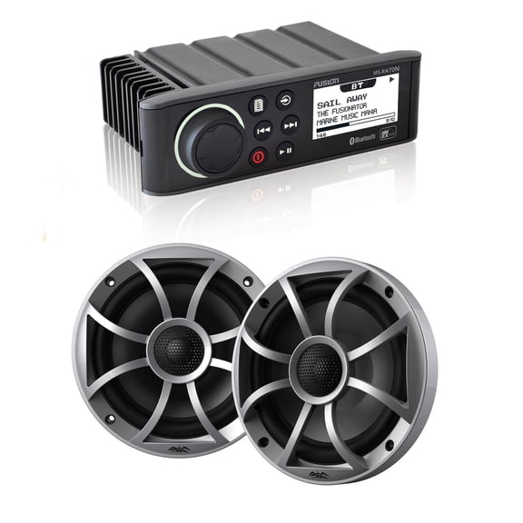 Fusion MS-RA70N Marine AM/FM/BT/NEMA2000 Stereo with 1 Pair Wet Sounds RECON 6-S High Output 6.5" Marine Coaxial Speakers, Silver Grill