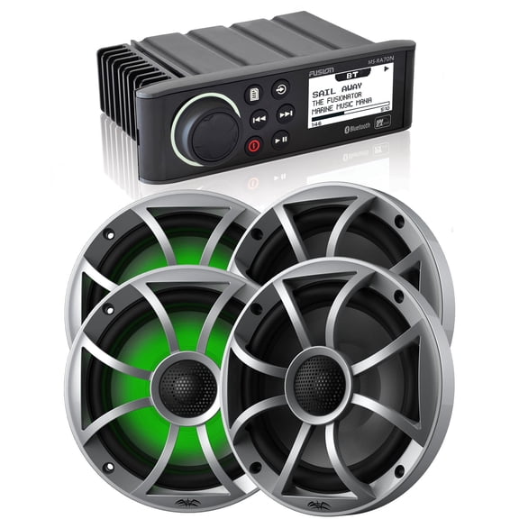 Fusion MS-RA70N Marine AM/FM/BT/NEMA2000 Stereo with 2 Pair RECON 6-S RGB High Output 6.5" RGB Lighting Marine Coaxial Speakers, Silver Grill
