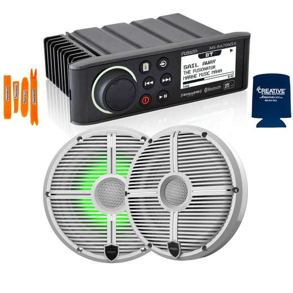 Fusion MS-RA70NSX Marine AM/FM/BT/NEMA2000 Stereo with 1 Pair Wet Sounds RECON 6-XWW RGB High Output 6.5" RGB Lighting Marine Coaxial Speakers, White Grill