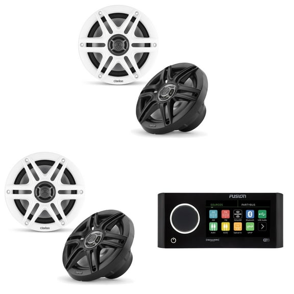 Fusion MS-RA770 Apollo Source Unit w/ ( 2 Pair ) Clarion CMS-651-SWB 6.5-inch Coaxial Marine Speakers ( Includes White & Black Sport Grilles )