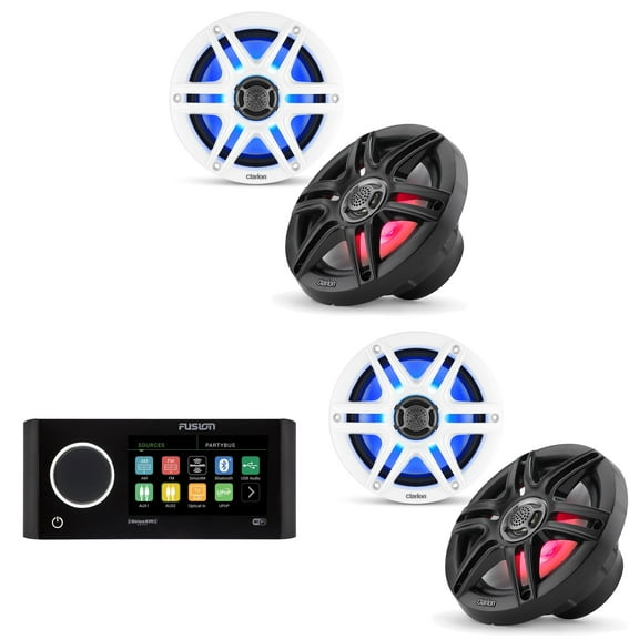 Fusion MS-RA770 Apollo Source Unit w/ ( 2 Pair ) Clarion CMS-651RGB-SWB 6.5-inch Coaxial Marine Speakers with built-in RGB illumination ( Includes White & Black Sport Grilles )