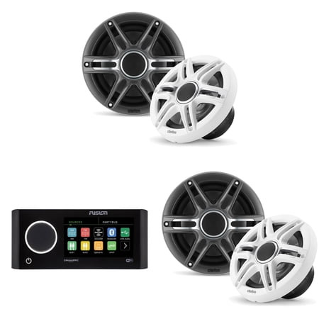 Fusion MS-RA770 Apollo Source Unit w/ ( 2 Pair ) Clarion CMSP-651-SWG Premium 6.5-inch Coaxial Marine Speakers ( Includes White & Gray Sport Grilles )