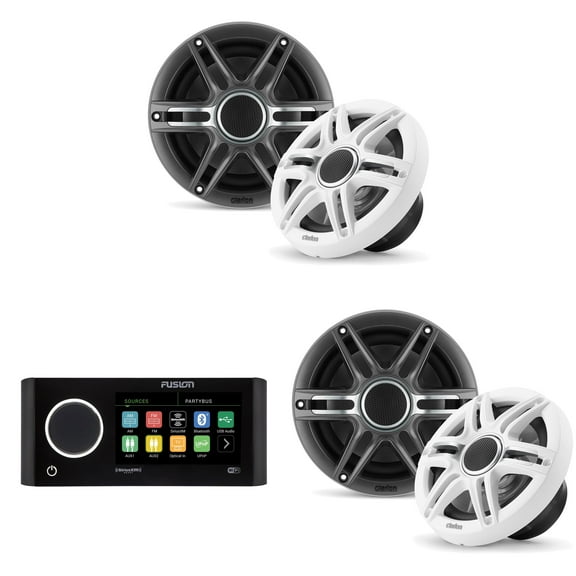 Fusion MS-RA770 Apollo Source Unit w/ ( 2 Pair ) Clarion CMSP-651-SWG Premium 6.5-inch Coaxial Marine Speakers ( Includes White & Gray Sport Grilles )