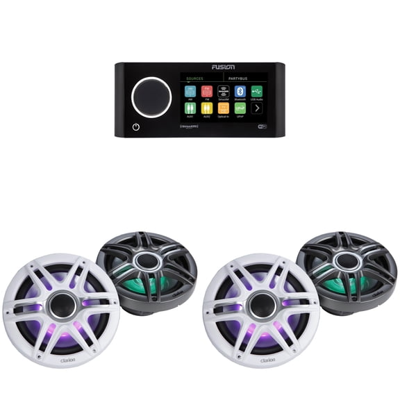 Fusion MS-RA770 Apollo Source Unit w/ (2 Pair ) Clarion CMSP-771RGB-SWG Premium 7.7-inch Coaxial Marine Speakers with built-in RGB illumination ( Includes White & Gray Sport Grilles )