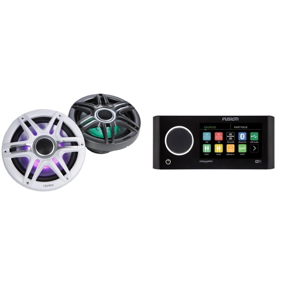 Fusion MS-RA770 Apollo Source Unit w/ Clarion CMSP-771RGB-SWG Premium 7.7-inch Coaxial Marine Speakers with built-in RGB illumination ( Includes White & Gray Sport Grilles )