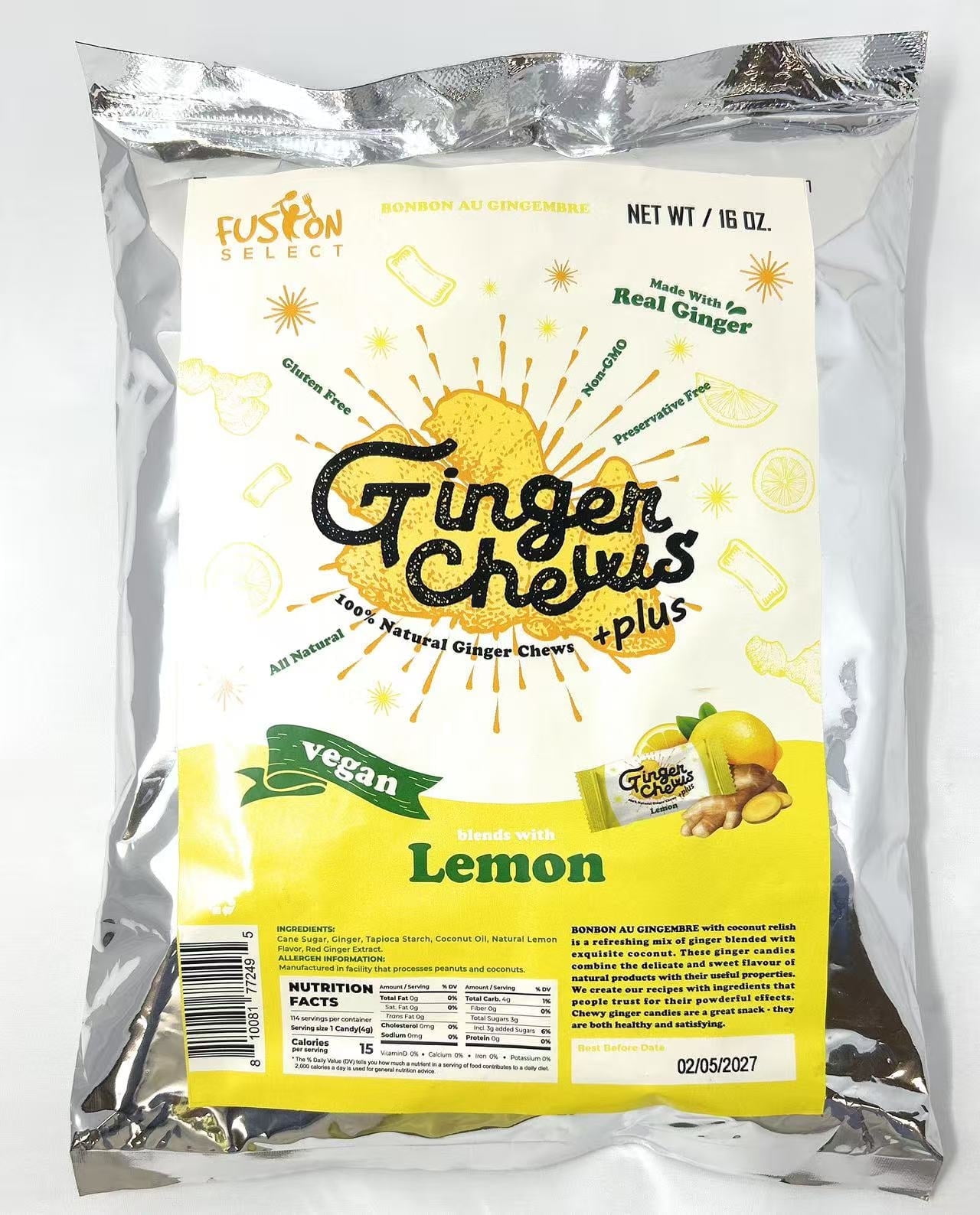 Fusion Select 1Lb Lemon Ginger Chews - Sweet Soft Candied Delights From Indonesia - Promotes Relief From Morning Sickness, Upset Stomach - Made from Real Ginger Root, Non-GMO, Vegan Candy