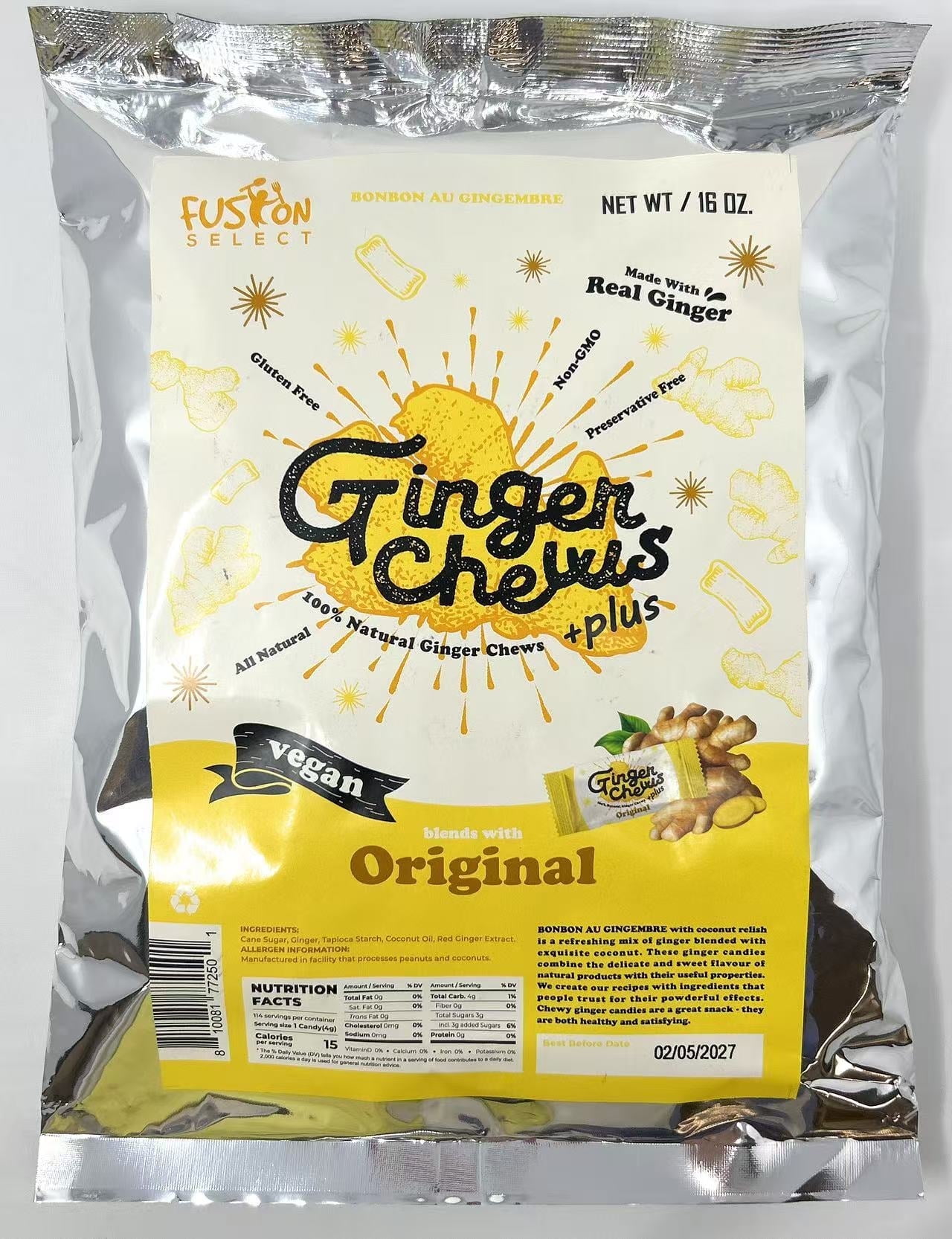 Fusion Select 1Lb Original Ginger Chews - Sweet Soft Candied Delights From Indonesia - Promotes Relief From Morning Sickness, Upset Stomach - Made from Real Ginger Root, Non-GMO, Vegan Candy