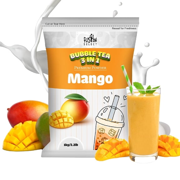 Fusion Select 2.2lb Mango Boba Tea Powder Mango Flavored-3-in-1 Drink Bubble Tea Powder with Cream & Sugar - Instant Pre-Mixed Beverage for Hot or Cold Blends or Yummy Frappes Bubble Tea