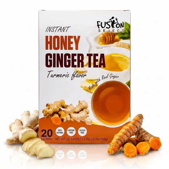 Fusion Select 20 Sachets Turmeric Ginger Honey Crystals Packets - Crystallized Ginger Tea with Honey - Easy-to-Prepare Instant Drink Mix - Natural Ingredients with No Caffeine