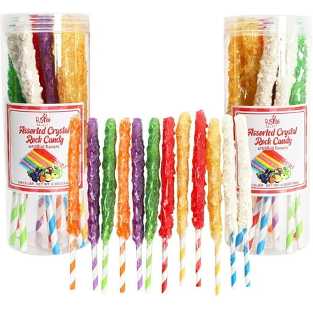 Fusion Select 24 Crystal Rock Candy Sticks - Sweet Hard Sugar Lollipop Snacks with Strong Flavors - Assorted Large, Individually Wrapped Candies - Colored Buffet Treats & Party Favors for Kids