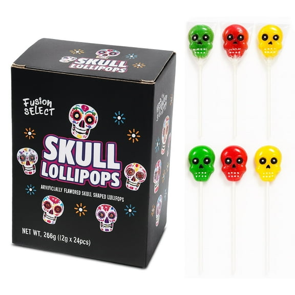Fusion Select 24 Pcs Sugar Skull Lollipops - Colorful Halloween & Day of the Dead Candy - Individually Wrapped Novelty Treats for Kids - For Trick or Treat, Themed Party Favors & Celebrations