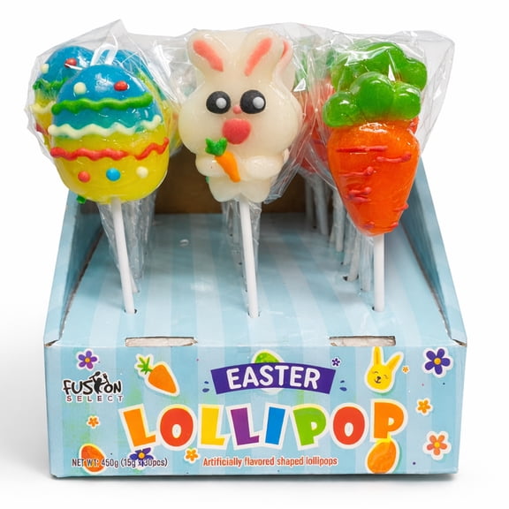 Fusion Select Easter Lollipops - Assorted Egg, Bunny & Carrot Shaped Candy - Fruit-Flavored Hard Candy Pops for Kids, Easter Basket Fillers, Party Favors, Classroom Treats, Egg Hunt - 30-Count Box