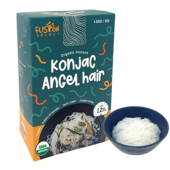 Fusion Select 4 Packs Organic Konjac Noodles - Shirataki Angel Hair Plant-Based Substitute - Healthy Diet Pasta - Rich in Fiber - Vegan, Keto, Paleo-Friendly, Zero Gluten, Low-Carb & Low-Calorie