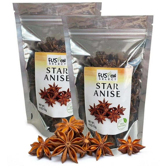 Fusion Select 8 Oz Dried Star Anise - Whole Badian Spice for Oriental & Indian Dishes & Recipes - Natural Herbs & Seasoning for Baking & Cooking - Packed in a Clear Resealable Pouch